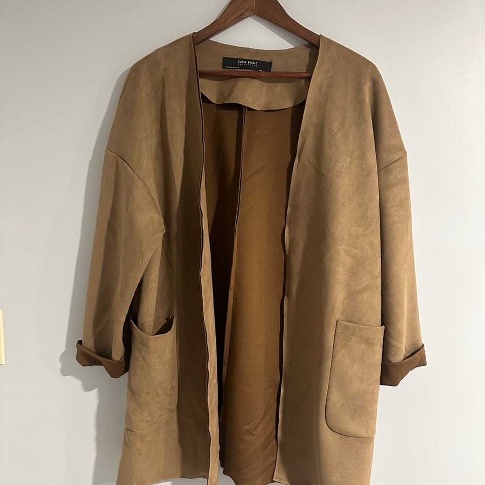 Zara Women's Tan Oversized Open-Front Longline Suede Cardigan